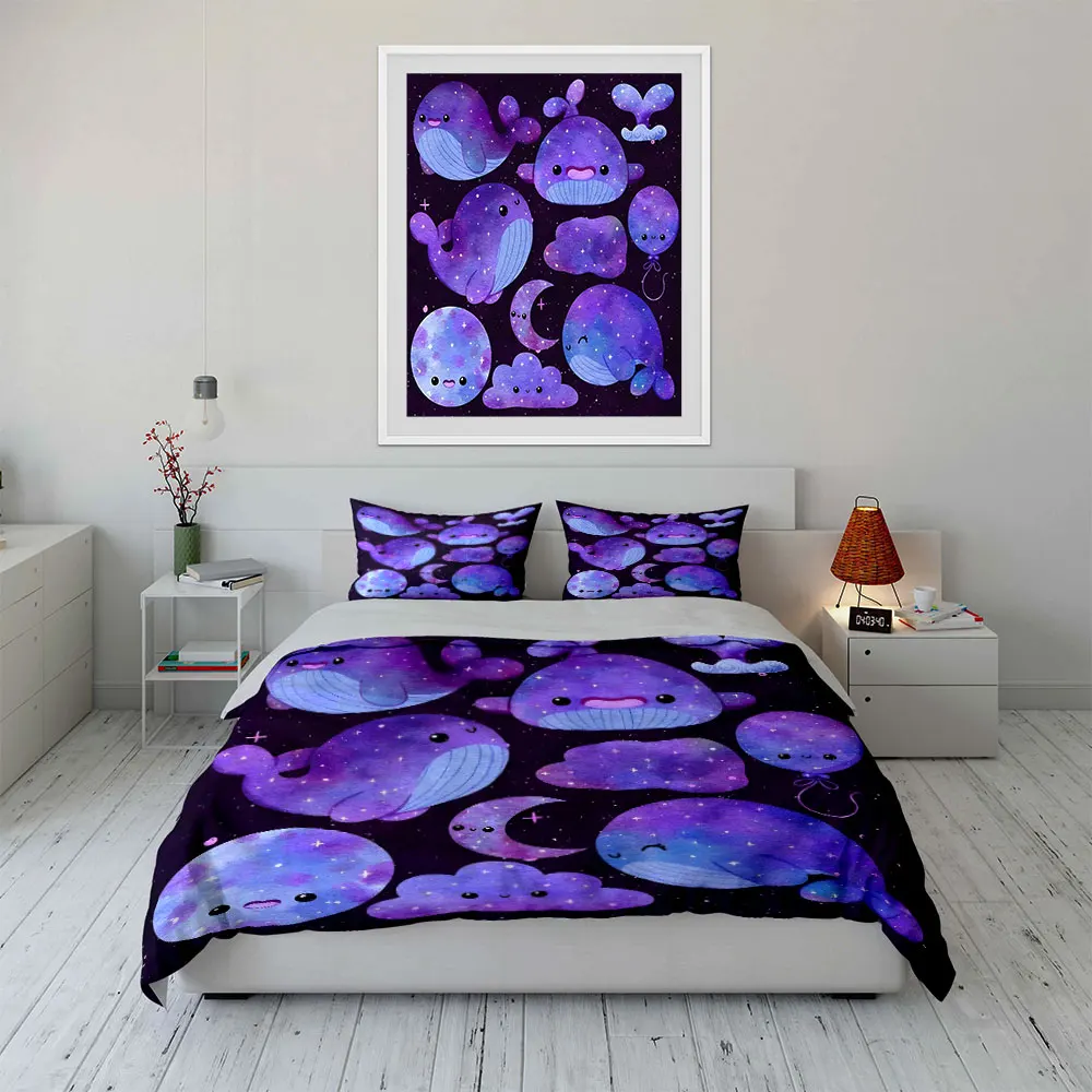 Cute starry whales and cloud elements Pattern Duvet Cover Set Digital Print Colorful Polyester Bedding with Zipper Closur gifts