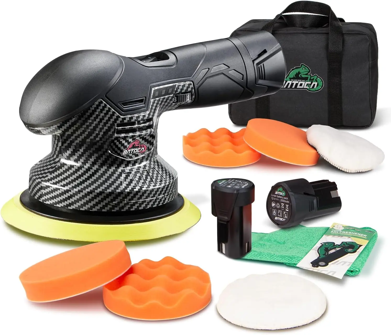 

Cordless Car Buffer Polisher, 2x 2.0Ah 12V Lithium Batteries, 6 Variable Speed, DA Orbital for Detailing Polishing Waxing