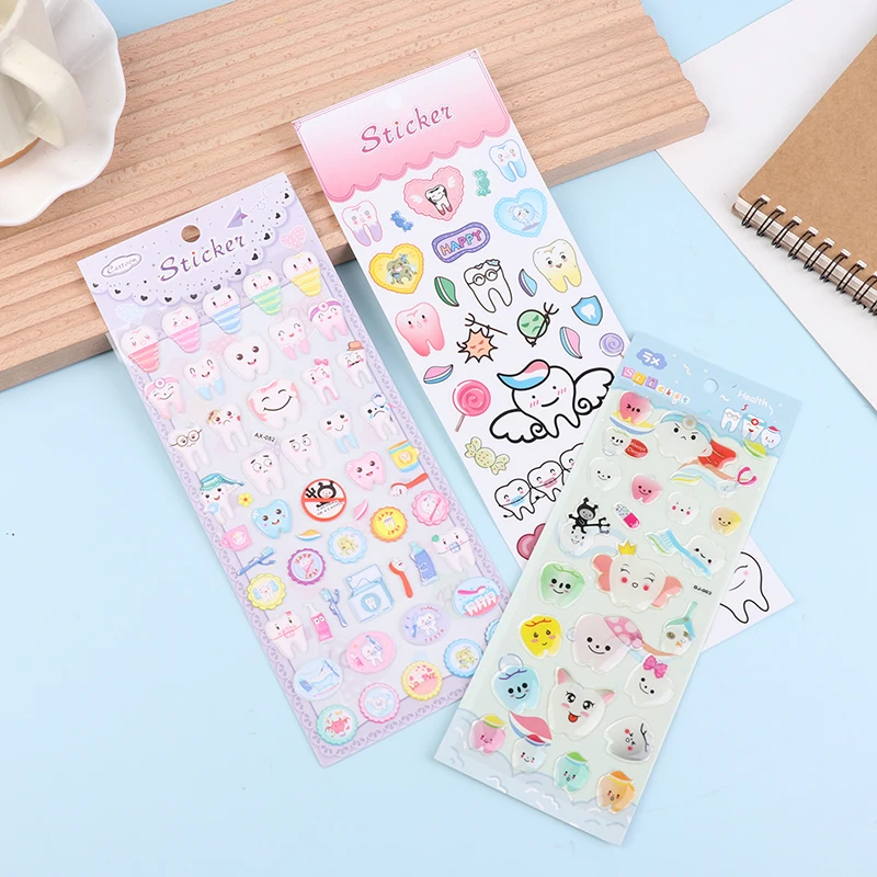 4/5 fogli adesivi a forma di dente dentale del fumetto spazzolino denti adesivi ricompensa per bambini decorazione adesiva a forma di dente del fumetto 3D