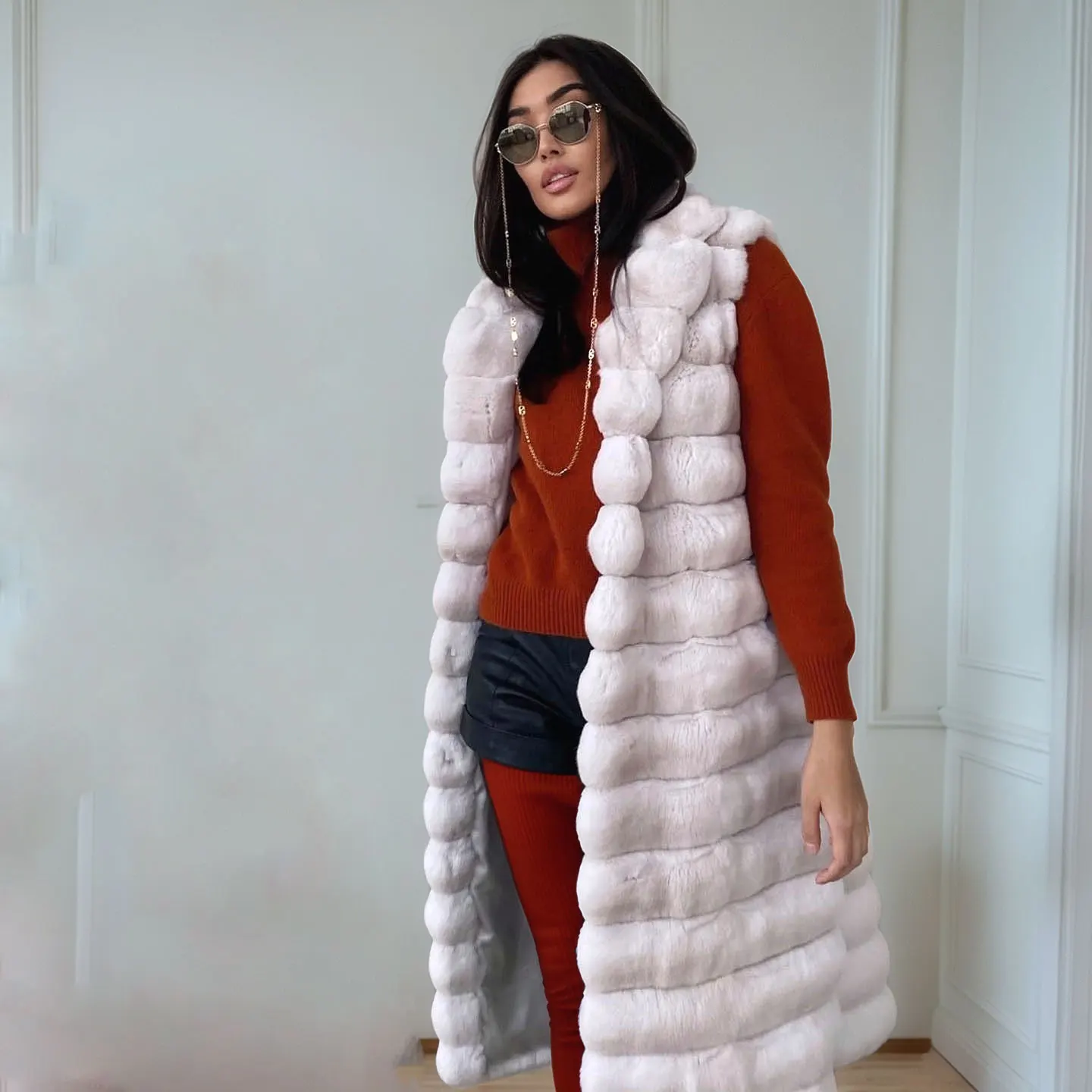 สตรีหรูหรา Real Rex กระต่ายขนสัตว์ธรรมชาติ Full Pelt เสื้อกั๊กฤดูหนาว Warm ของแท้ Rex กระต่ายขนสัตว์ Gilet หญิงเสื้อขนสัตว์