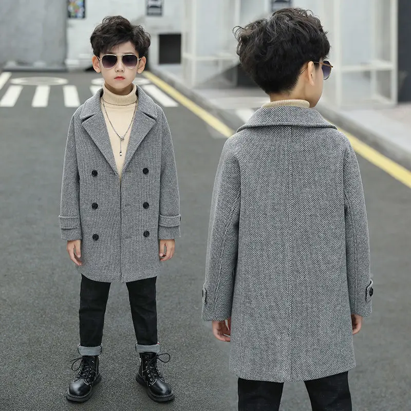 Boys Wool Coat Autumn Winter Childrens Jacket Fashion Turn Collar Plaid Keep Warm Outerwear Teenage Clothes 2023 5-14 clothes