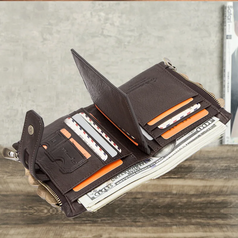 

HTS-M1238 Top Layer Cowhide Double Zipper Buckle Men's Wallet, Fashionable and Casual Leather Wallet, Multi Slot Card Bag