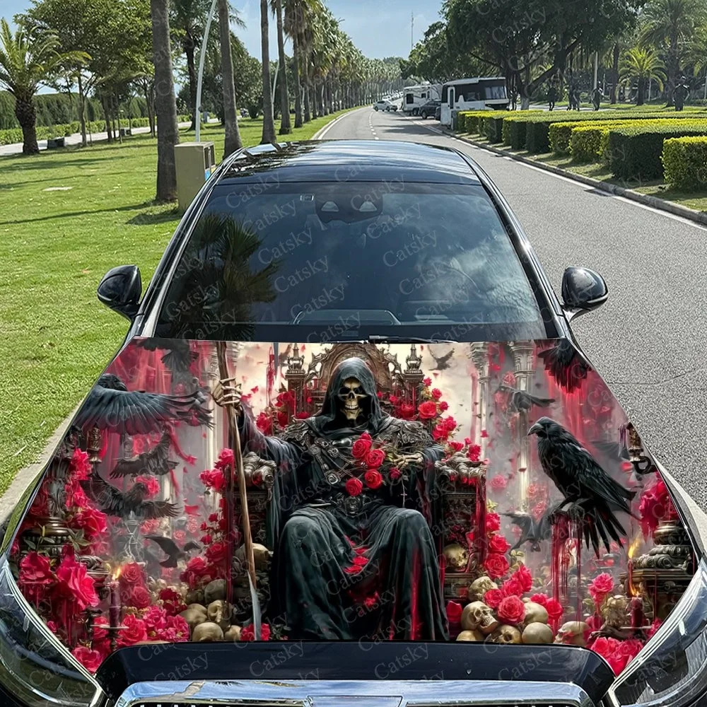 Gothic death king throne with roses and ravens, dramatic hood wrap for bold car style.Car hood sticker