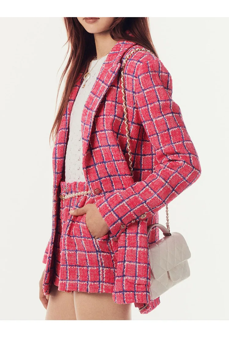 2024 Spring High Quality Women's Pantsuits Elegant Plaid Tweed Coat + Shorts  C905