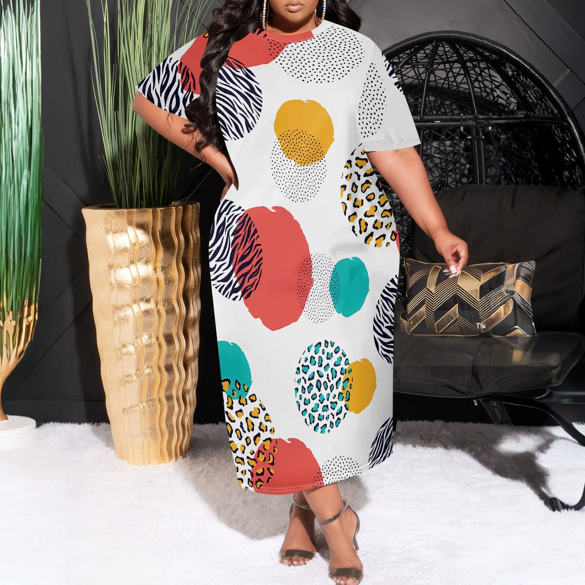 

Plus Size Polka Dot Leopard Print Midi Dress Summer Casual Loose Fit Short Sleeve Outfits