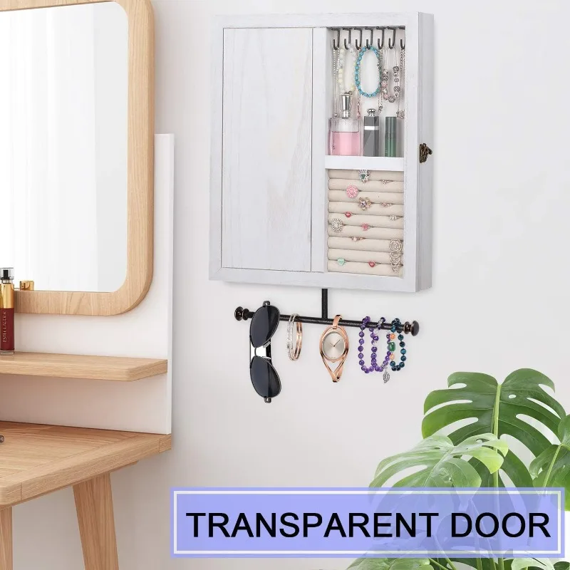Wall Mounted Jewelry Organizer With Rustic Wood Large Space Jewelry Cabinet, Holder, Storage Box for Necklaces, Earring