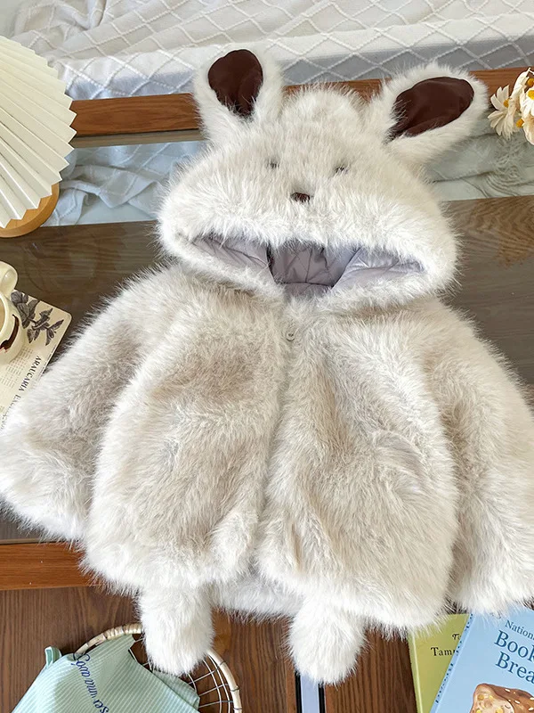 

Cute Girls' Faux Fur Jaet with Hood And Big Ears Warm Outerwear for Children Cotton Lined Autumn Winter New Sle