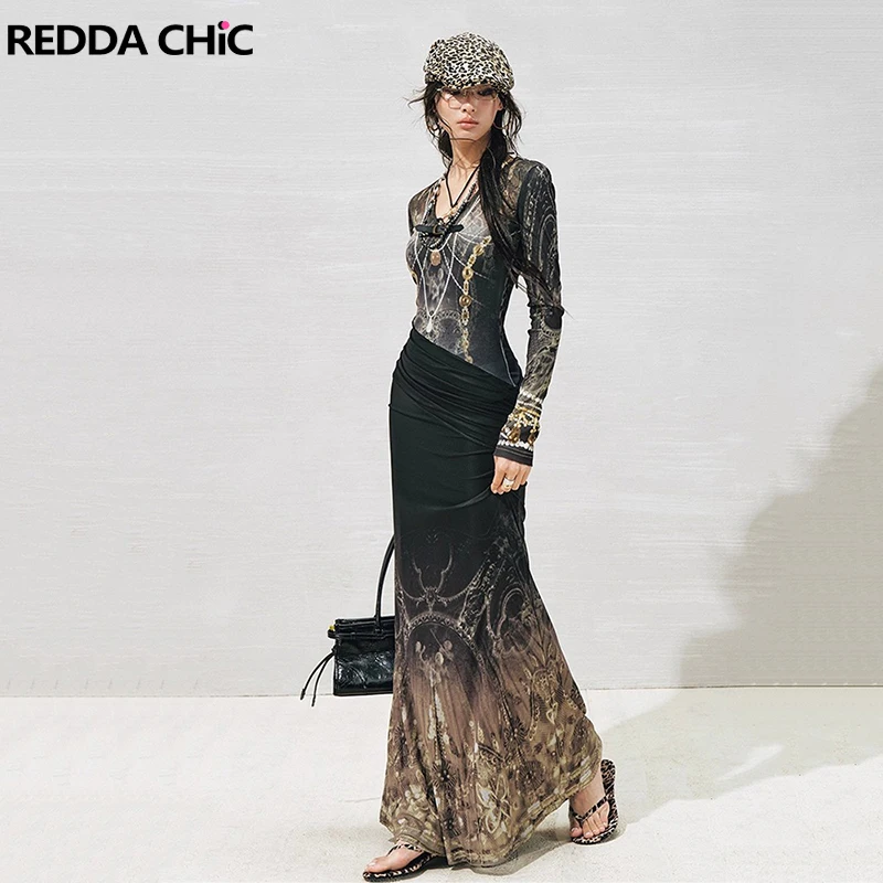 فستان نسائي فاخر مطبوع من REDDACHiC بتصميم عتيق أسود ماكسي بأكمام طويلة ورقبة على شكل حرف v مكشكش فستان حفلات حورية البحر ملابس خريف قوطية داكنة