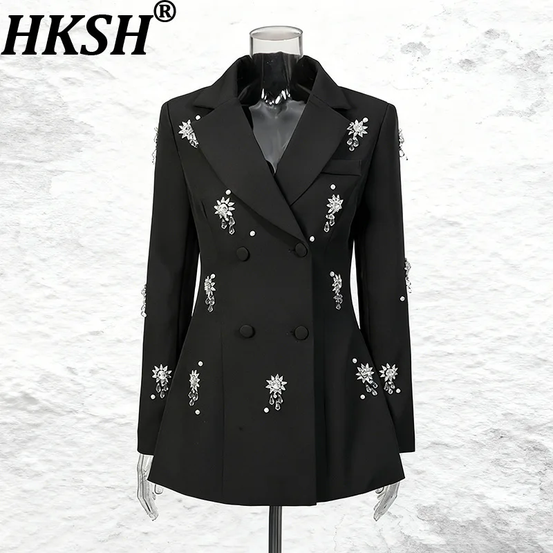 

HKSH Spring Autumn New Women Blazer Studded Diamonds Double Breasted Waist-Cinching Slim Fit Elegant Fashion Luxury Coat HK17095