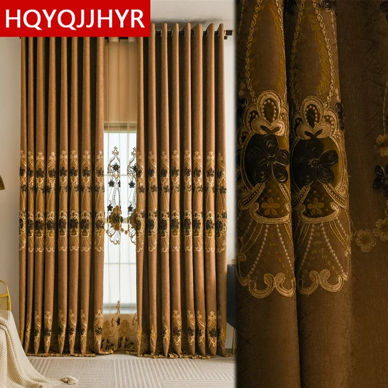 

Brown Luxury 3D Stereoscopic Embroidery Living Room Curtains Gray Elegant Beautiful Blue High Quality Custom Bedroom Curtains.