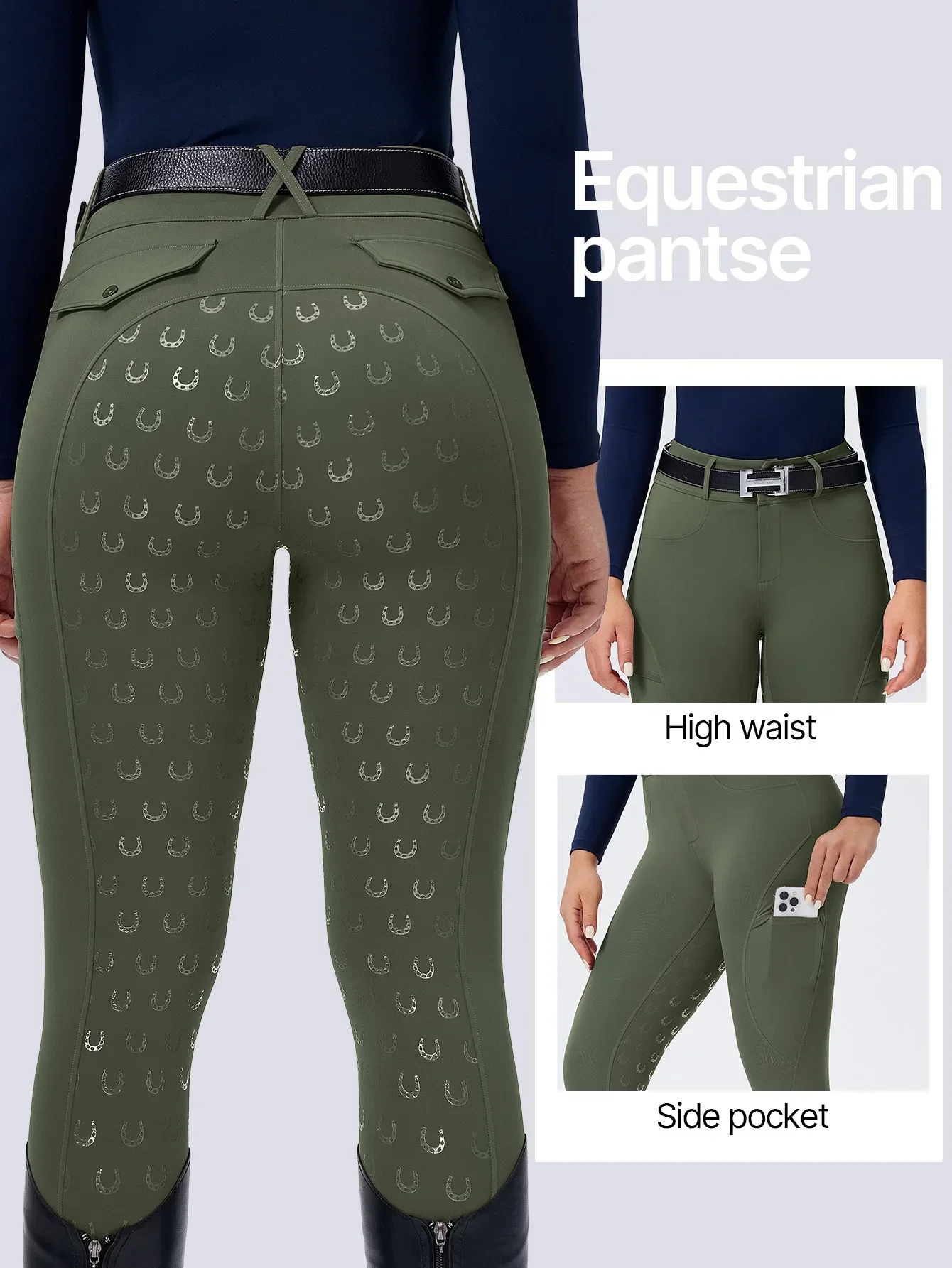 Women High Waist Equestrian Breeches with Pockets Full Seat Silicone Grip Wear Resistant Horse Riding Pants