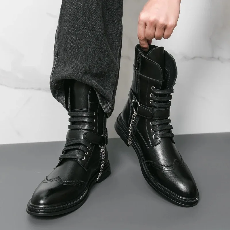 

High Quality Men's High-top Boots Punk Metal Chain Design Men's Motorcycle Boots Luxury Casual Leather Ankle Boots Botas Hombre
