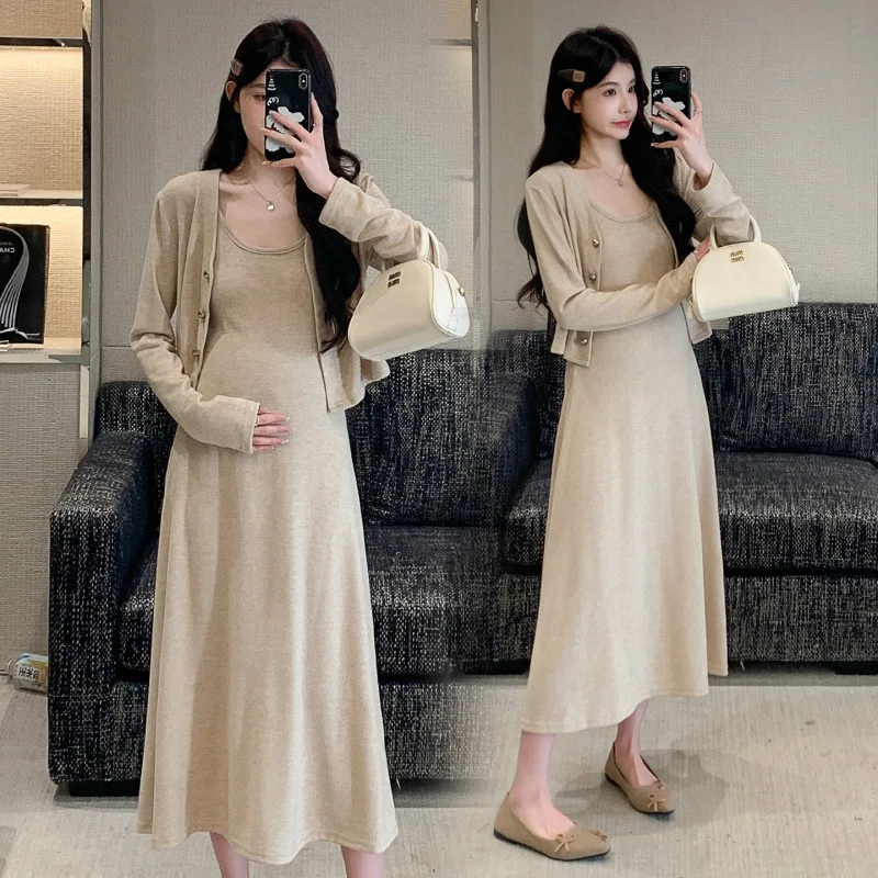 

Корейский комплект для беременных, осеннее платье без рукавов, кардиган, наряд из двух предметов, элегантная привлекательная одежда для беременных, модный ансамбль для мамы