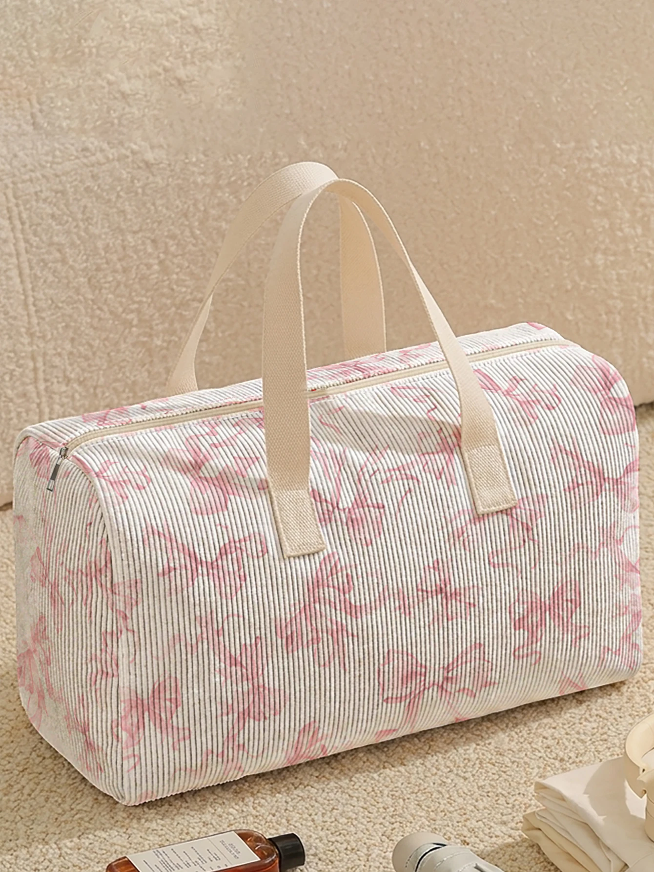 1pc, Two styles, Cute Pink Bow Printed Duffle Bag Portable Handbag suitable for Weekend Trip Sports Shopping