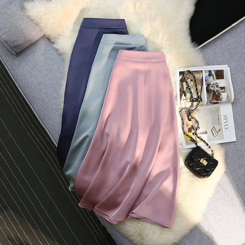 

2025 Summer New Acetate Satin Skirts Women Korean Fashion High Waist Elastic A-line Long Skirt Office Ladies