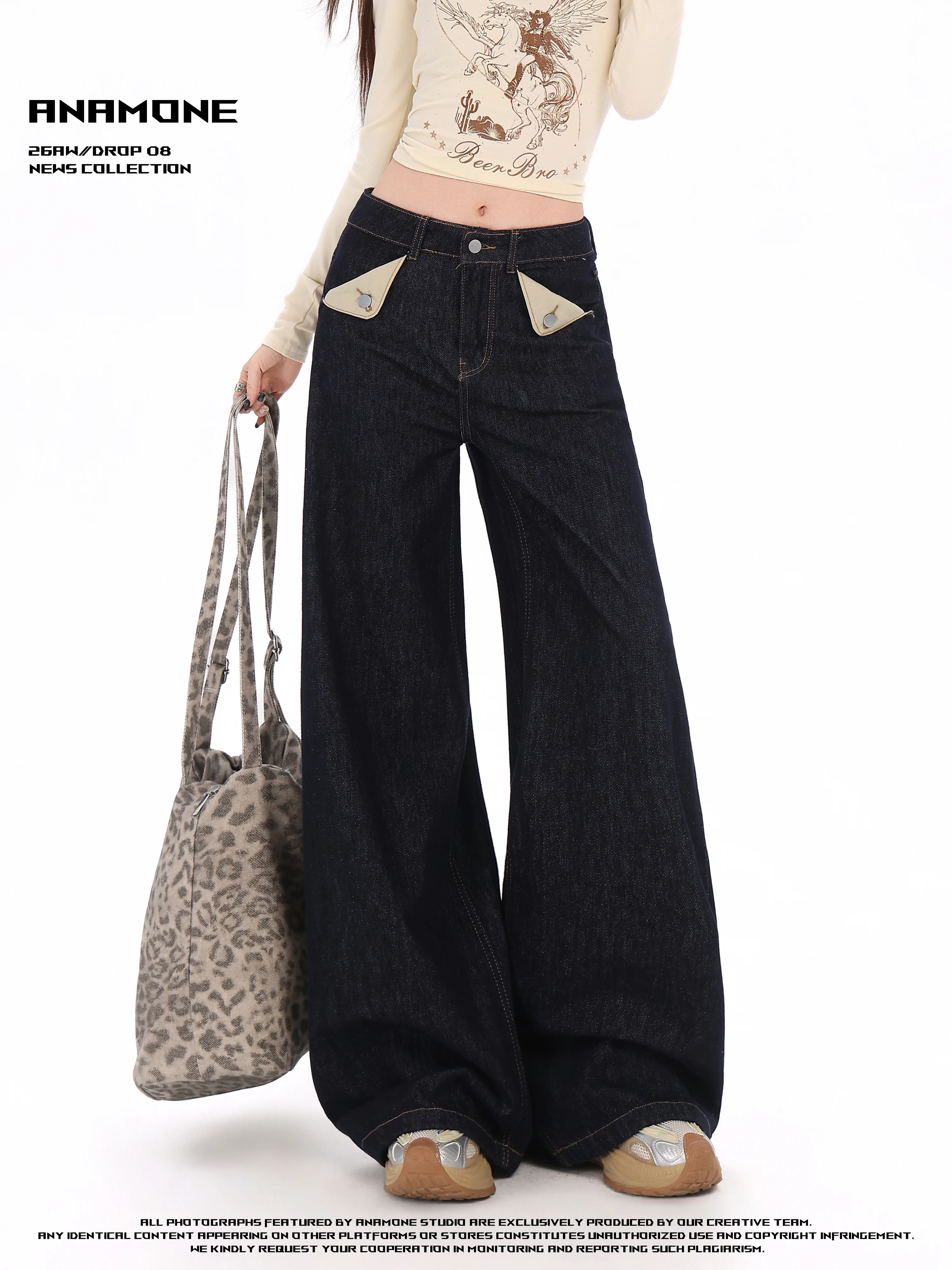 Deep Blue Wide Leg Denim Jeans Women's High Waist American Retro Loose Floor-Length Straight Leg Pants Casual Washed Jeans