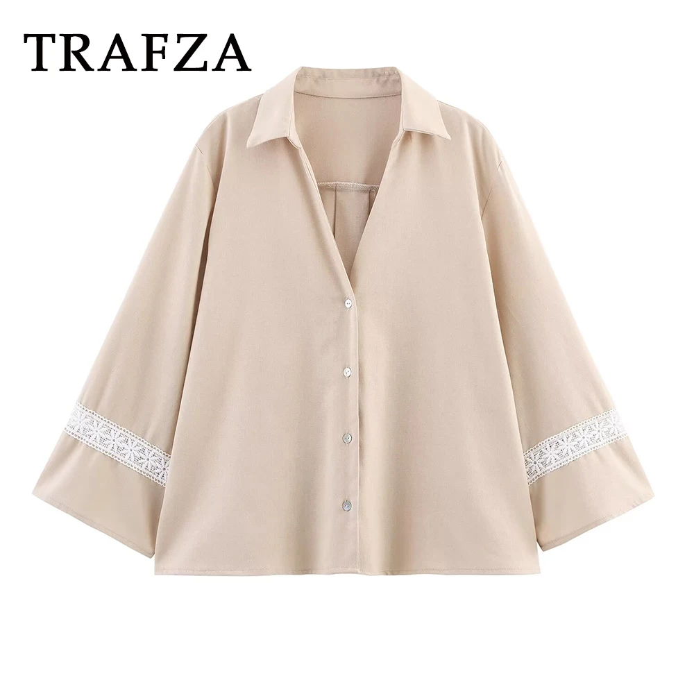 

TRAFZA Chic 2025 Embroidery Woman Casual Shirt Single Breasted Long Sleeve Loose Shirt Fashion Female Summer Vintage Blouse