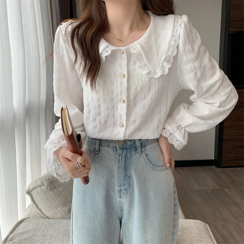 White Lace Trim Peter Pan Collar Bottom Shirt Shirring Long Sleeve Sweet Blouses Female Plaid Cardigan Solid Color Office Top