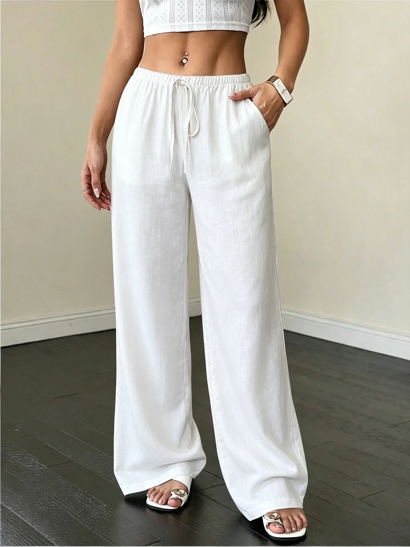 Pantalon large en lin pour femme, taille élastique avec cordon de serrage, tenue décontractée pour les vacances d'été, bas de tenue tendance pour femme