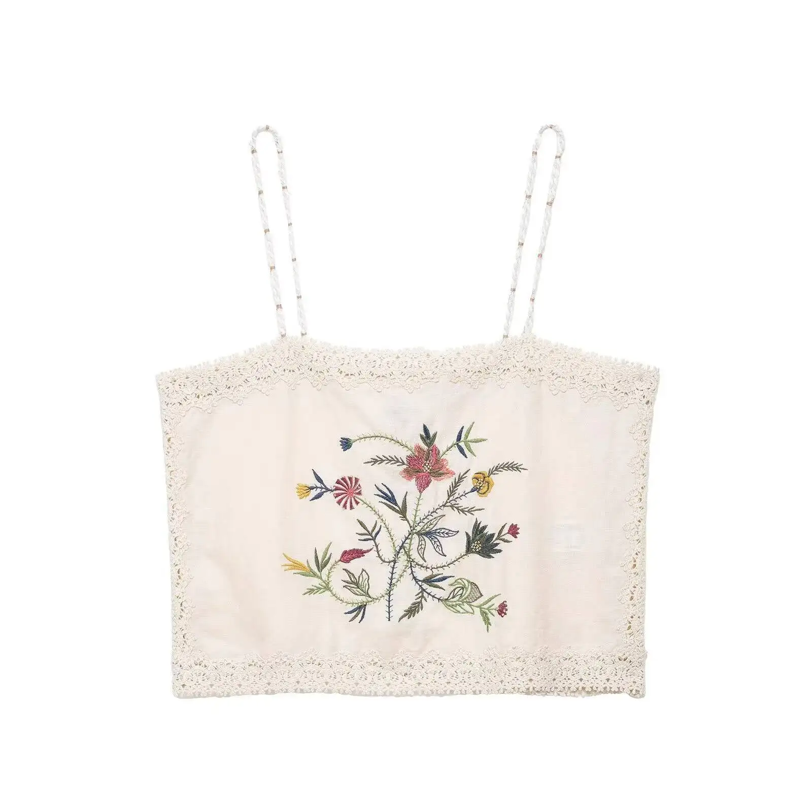 

DEEABAE Summer Women's New Vintage Western Style Flower Embroidered Strap Top Mid Waist Casual Shorts Set