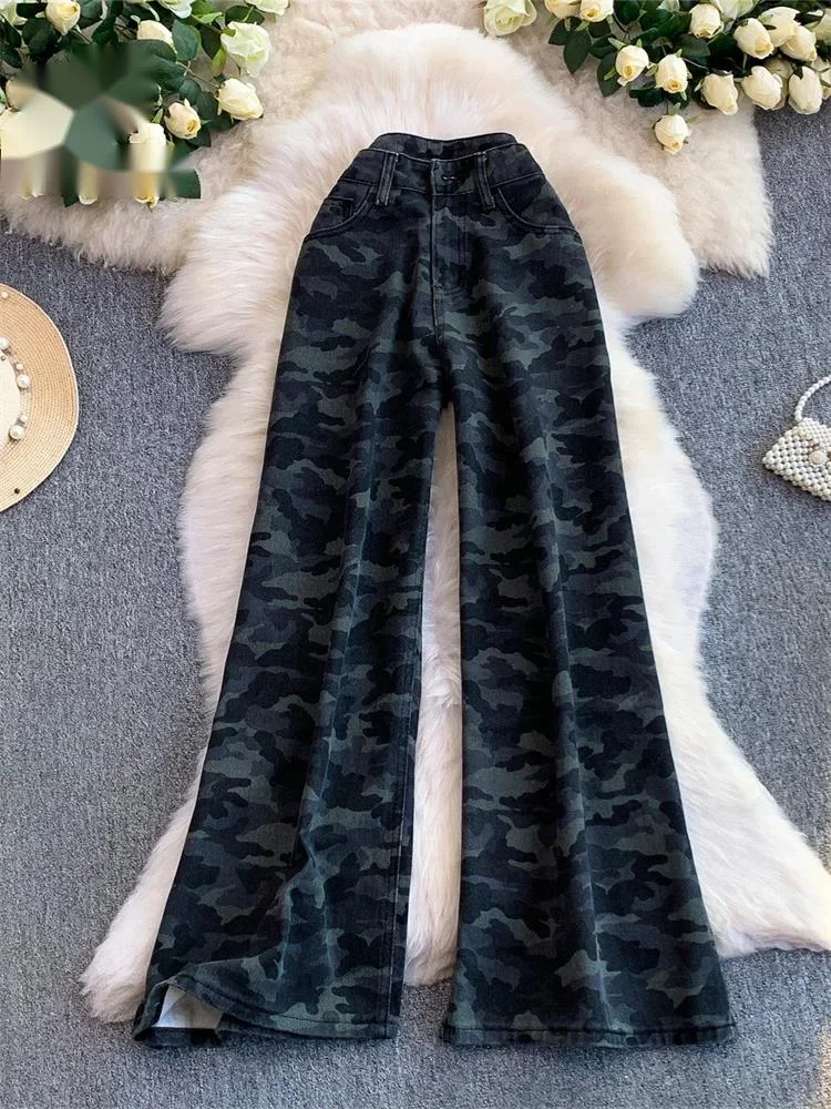 

Camouflage Edgy Streetwear Jeans Casual High Waist Pocket Design Versatile Women 1950s American Fashion Wide Leg Pants