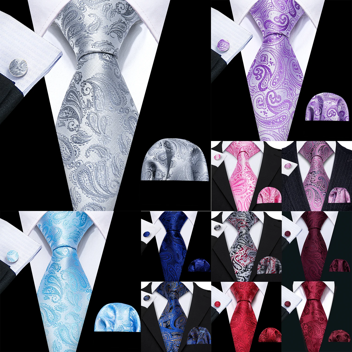 

Barry.Wang Designer Silk Mens Tie Hankerchief Cufflinks Set Jacquard Paisley Silver Pink Blue Necktie for Wedding Party Business