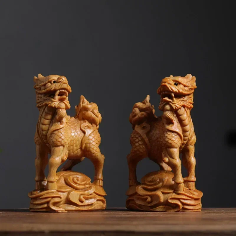 

A pair Solid Wood Carving Kirin mascot ornament，Wooden hand-carved，Chinese style home decor figurines，gift crafts