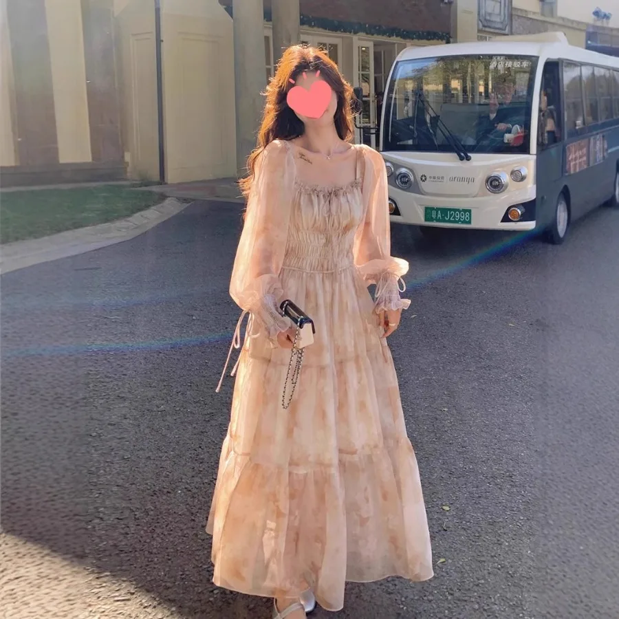 

【HOT】French printed chiffon dress for women spring and autumn new gentle temperament slimming superb explosion fairy skirt