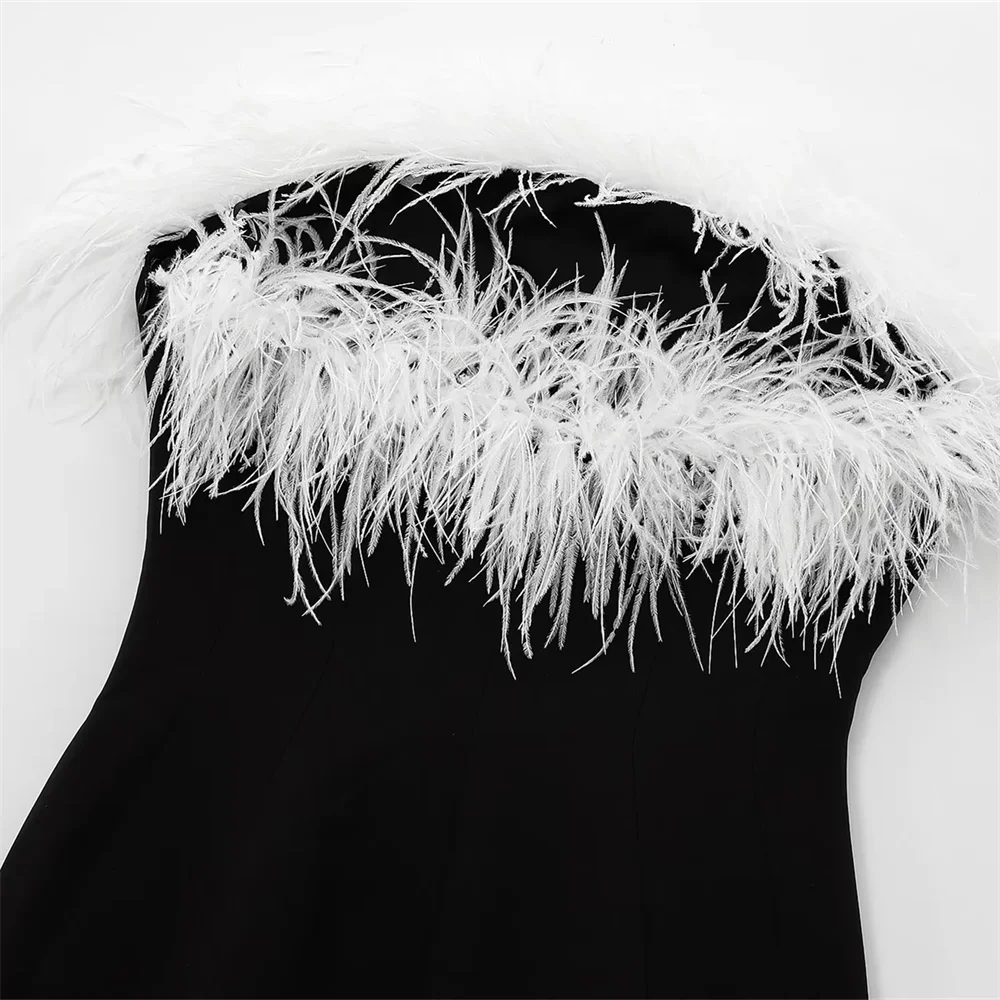 2024 RARA Feather Decoration Simple Temperament Slim Fit Hip-hugging Sexy Tube Top Dress Short Skirt Women