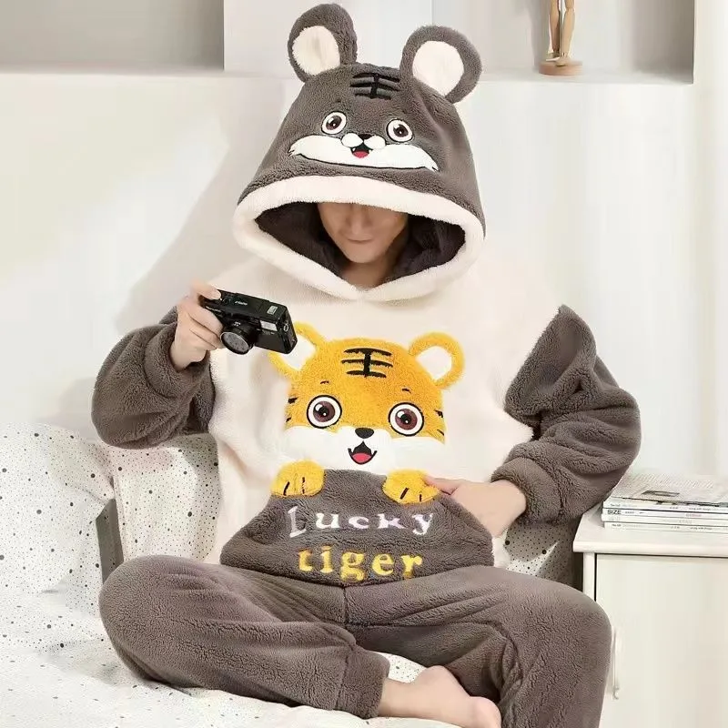 Pijama de franela gruesa para mujer, conjunto de ropa de dormir con diseño de perro, Panda, Tigre, joven, Coral, para Otoño e Invierno