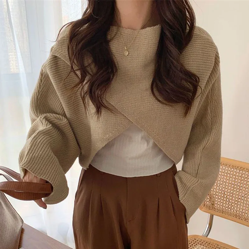 New Autumn and Winter Fashion Lazy Style Irregular Cross Round Neck Loose Versatile Foreigner Long Sleeve Casual Women\'s Sweater