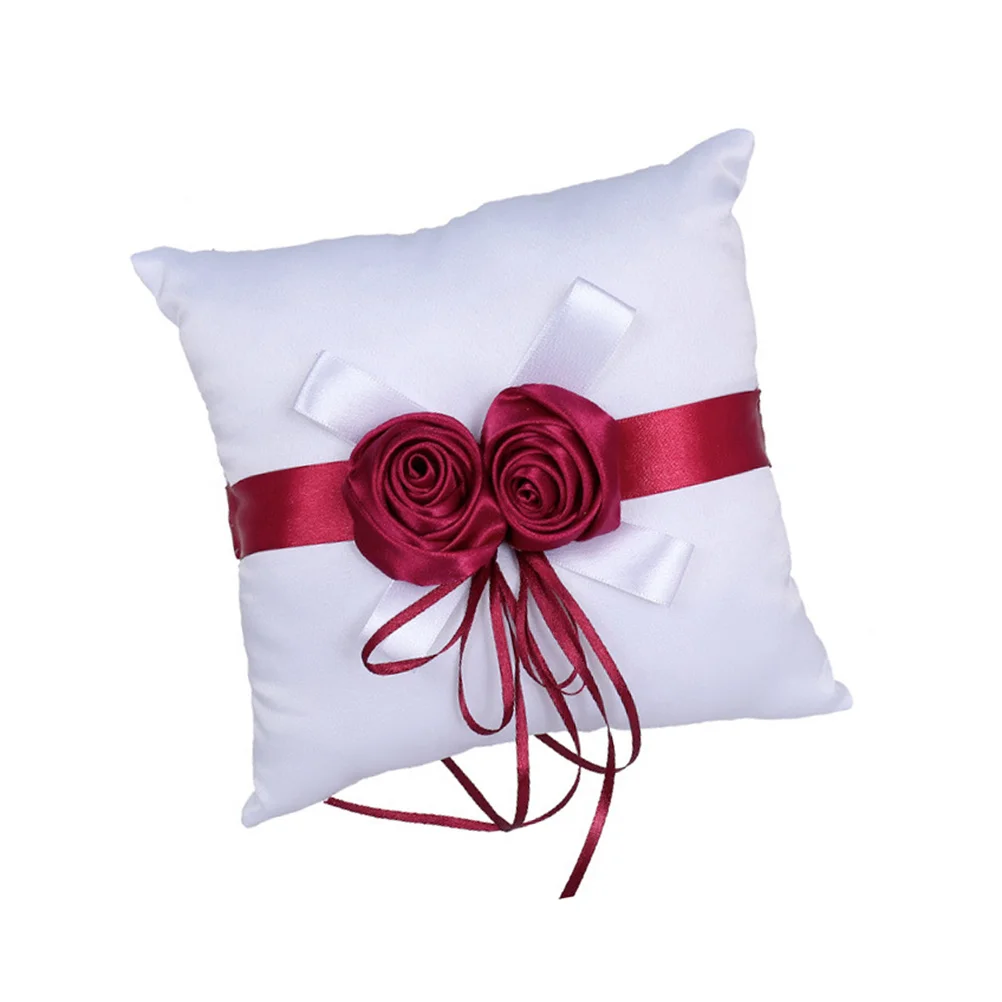 

Romantic Wedding Ring Pillow White with Red Rose Decorative Soft Cushion for Wedding Ceremony Engagement Party Ring Pillow