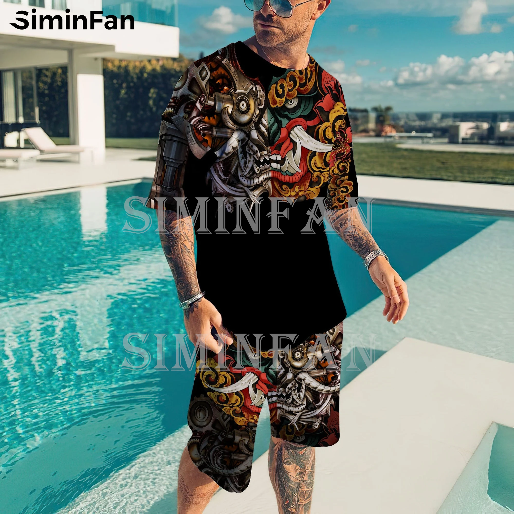 Samurai Oni Mask Tattoo 3D Printed Mens T-Shirts Beach Shorts Set Summer Male Suit Tracksuit Two-Piece Sportswear Casual Tee Top