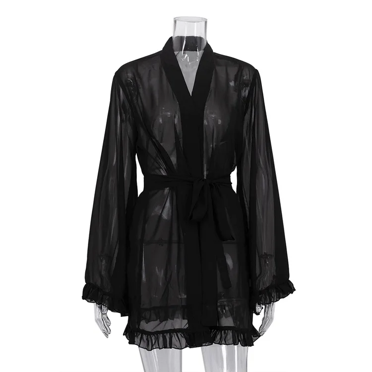 2026 New Sheer Sexy Dress For Women Ruffled Flared Sleeves V-Neck Tie-Waist High-Waisted A-Line Dress Black Short Party Dresses