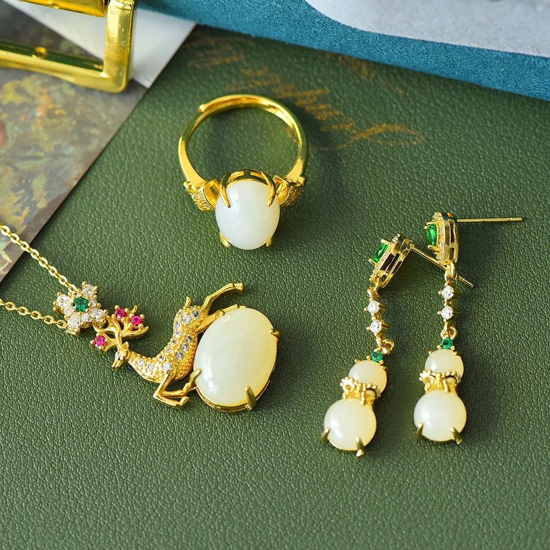 Premium Feeling Inlaid Hetian Jade White Jade “A Deer Has You” Exquisite Fashion Three Piece Earrings Ring Necklace Set