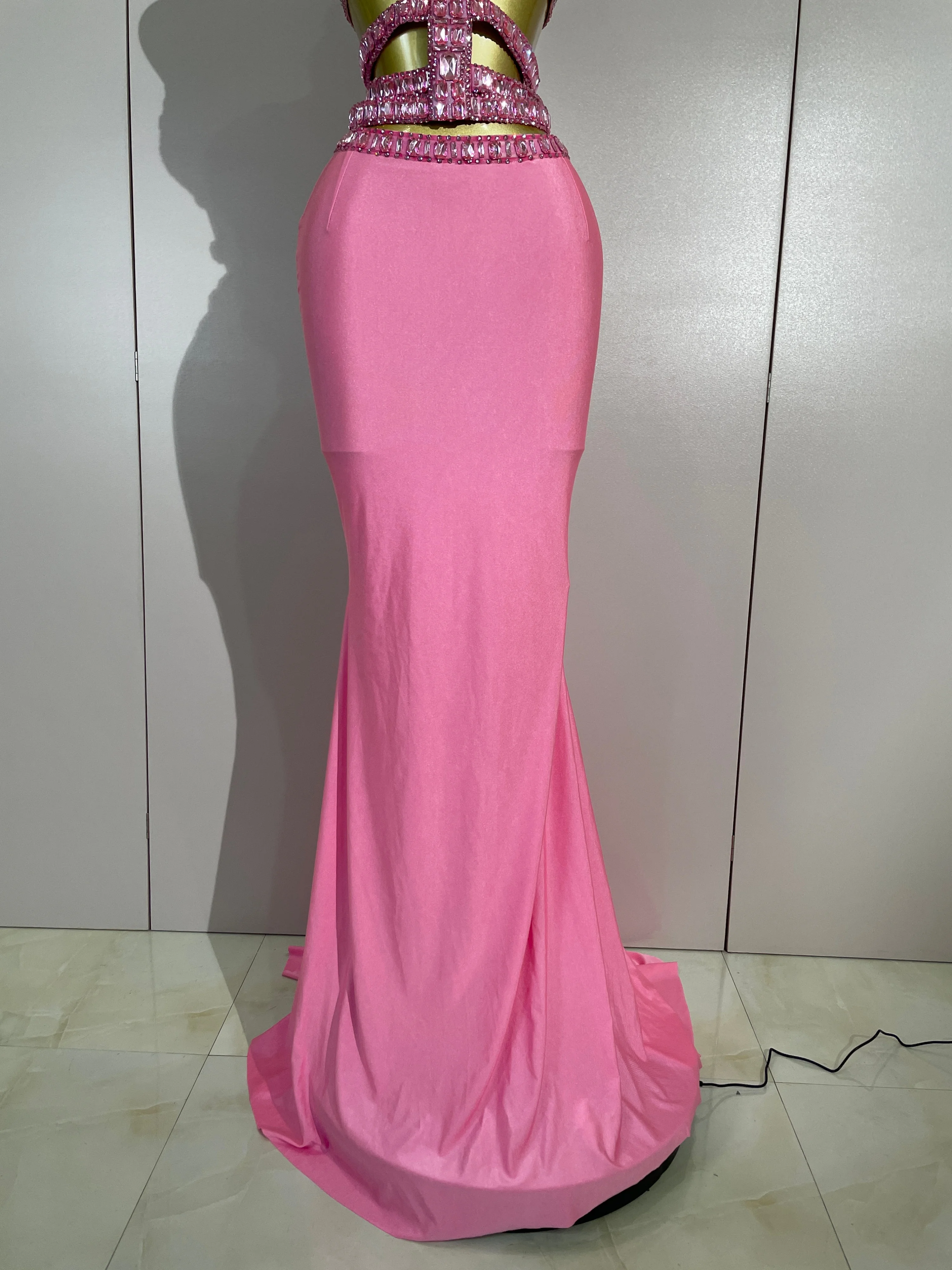 Luxury Sparkly Rhinestone Pink Sexy Sleeveless Long Dress Two Pieces Set Birthday Evening Party Nightclub Party Club Stage Wear - view 6