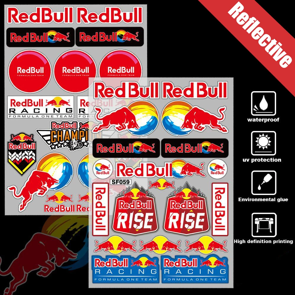 Nuovi adesivi riflettenti per auto Red Bull per moto, skateboard, casco, serbatoio carburante, scatola di coda, decalcomanie decorative impermeabili