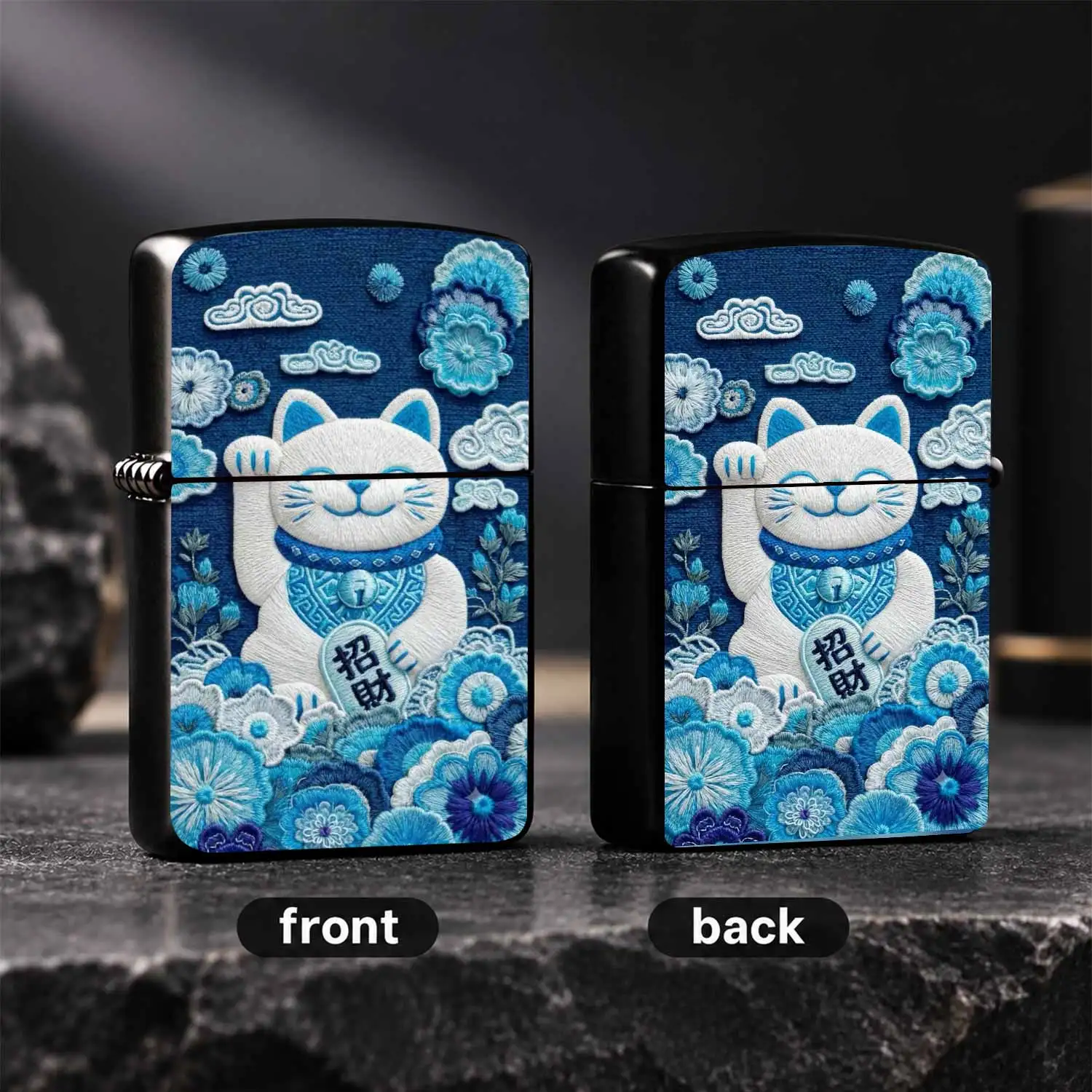 Style Blue Embroidered Lucky Cat Lighter, Exquisite Traditional Embossed Pattern Design, Portable All-scene Universal Igniter, Aesthetic Lucky Ornament, Ideal Thoughtful Gift for Festivals and Daily C A Humorous And Interesting Lighter