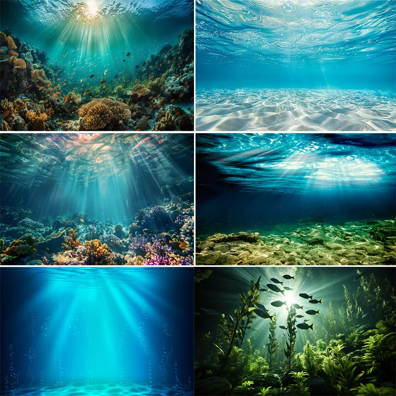 

Underwater Scene Showcasing Coral Photography Backdrops Sunlight Shining Water Fishes Rays Ocean Reef Photo Background OE-04