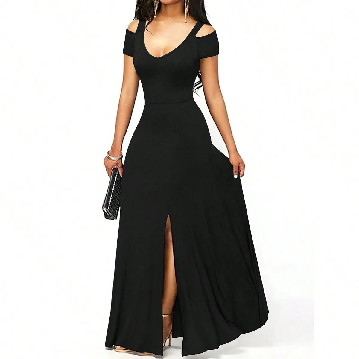 Vestido Maxi Negro con Hombros Descubiertos para Mujer - Elegante Vestido Formal con Cuello en V y Abertura en la Cintura para Fiestas, Bodas y Eventos Nocturnos