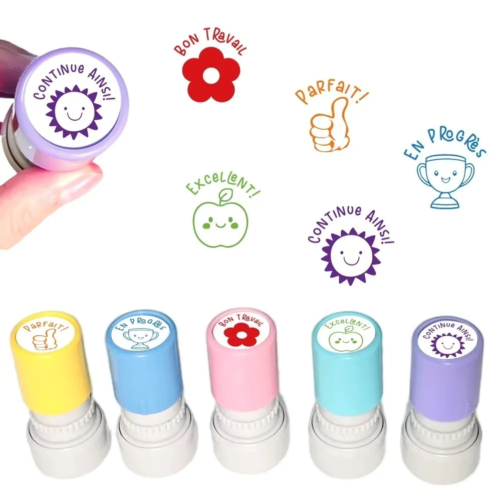 

5Pcs/Set French Teacher Seal Stamp Automatic inking Praise Emotional Expression Stamp Round Homework Correcting Stationery