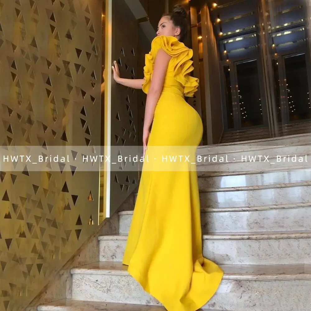 Gold Yellow Mermaid Bridesmaid Dresses With Ruffles Sleeves One Shoulder Women Long Cheap Trumpet Formal Dress Party Gown