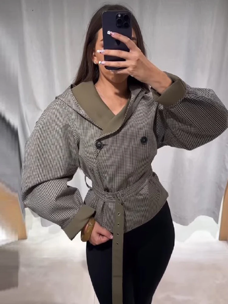 Vintage Checked Hooded Cropped Short Coat Contrast Collar Wrap Front Button Self Tie Waist Outercoat Lady Casual Daily Fall Wear