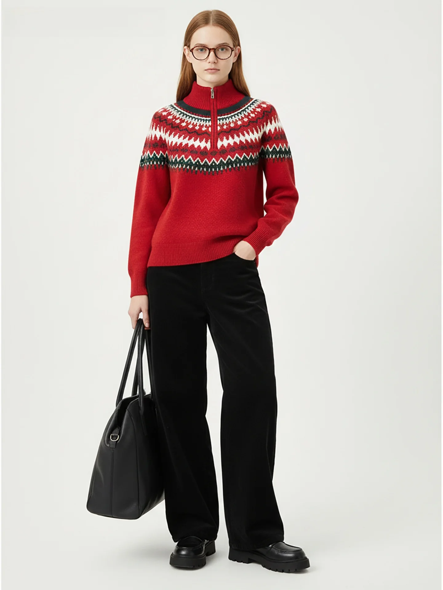 

Красный шерстяной вязаный кардиган на молнии свободного кроя в винтажном стиле для женщин, теплый, с длинными рукавами, для новогоднего образа