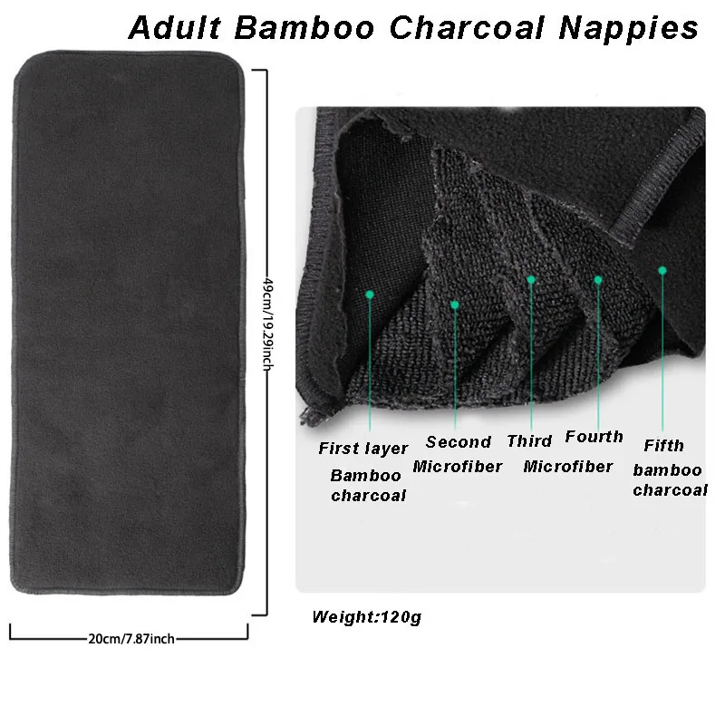 BIAI 1pc/3pcs/5pcs Five-layer Washable Bamboo Charcoal Diaper Resuable Adult Insert Diaper Durable Breathable Old Man of Diapers