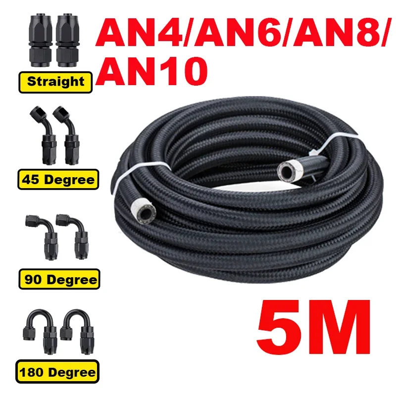 16FT 5M AN4/6/8/10 Stainless Braided Nylon CPE Oil Fuel Fitting Hose End 0+45+90+180 Degree Oil Adaptor Kit Oil Fuel Hose Line