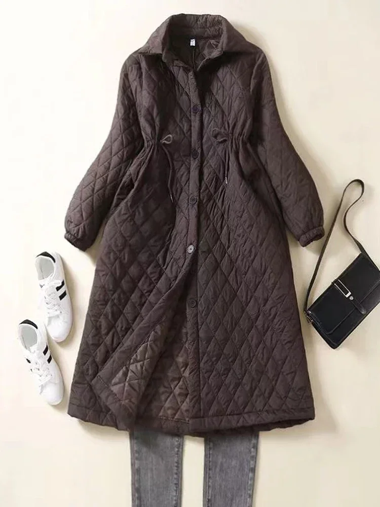 Winter Long Down Cotton Jackets 2024 New Women Fashion Cotton-padded Plaid Warm Coat Slim Puffer Quilted Outerwear Parkas Z493