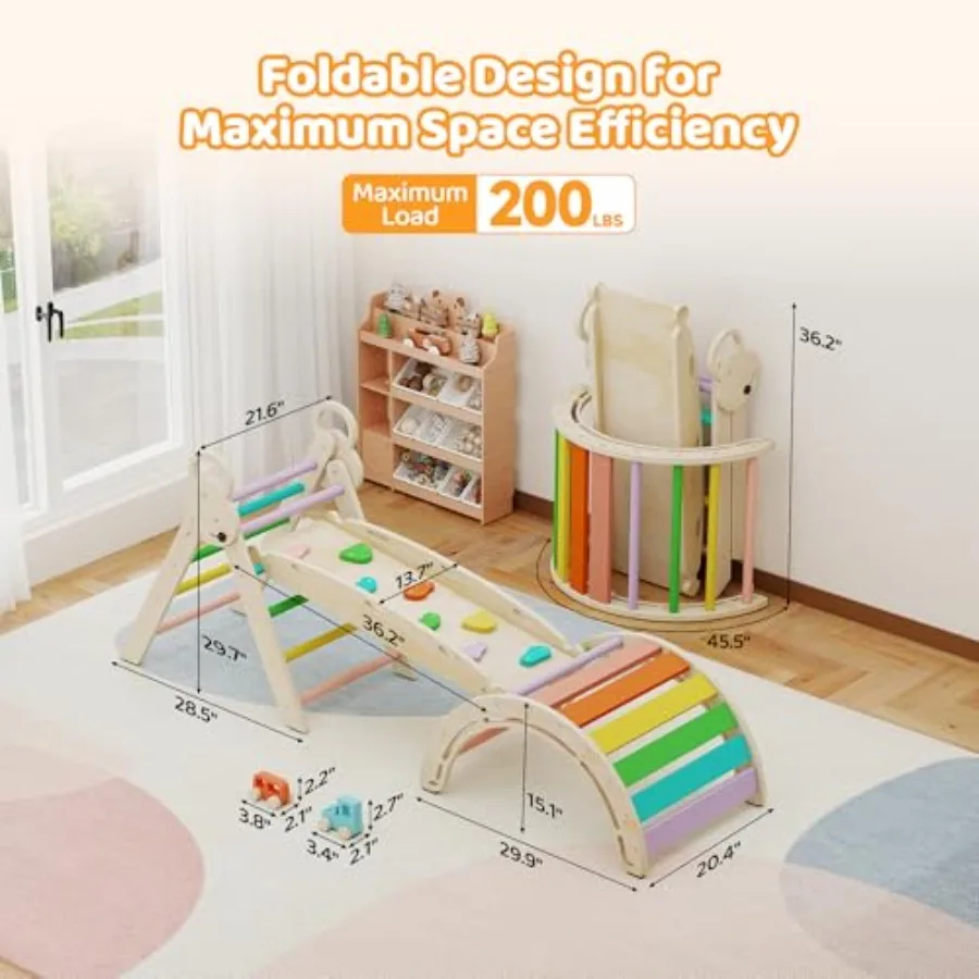 Pikler Triangle Set, Wooden Climbing Toy for Toddlers 7-in-1 Foldable Montessori Climbing Set in Natural Wood Color, Indoor Pla