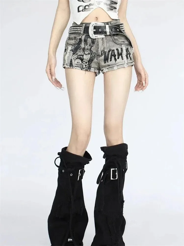 Moda coreana cintura baixa picante menina borla calças quentes verão retro angustiado fino ajuste impresso high street shorts jeans feminino