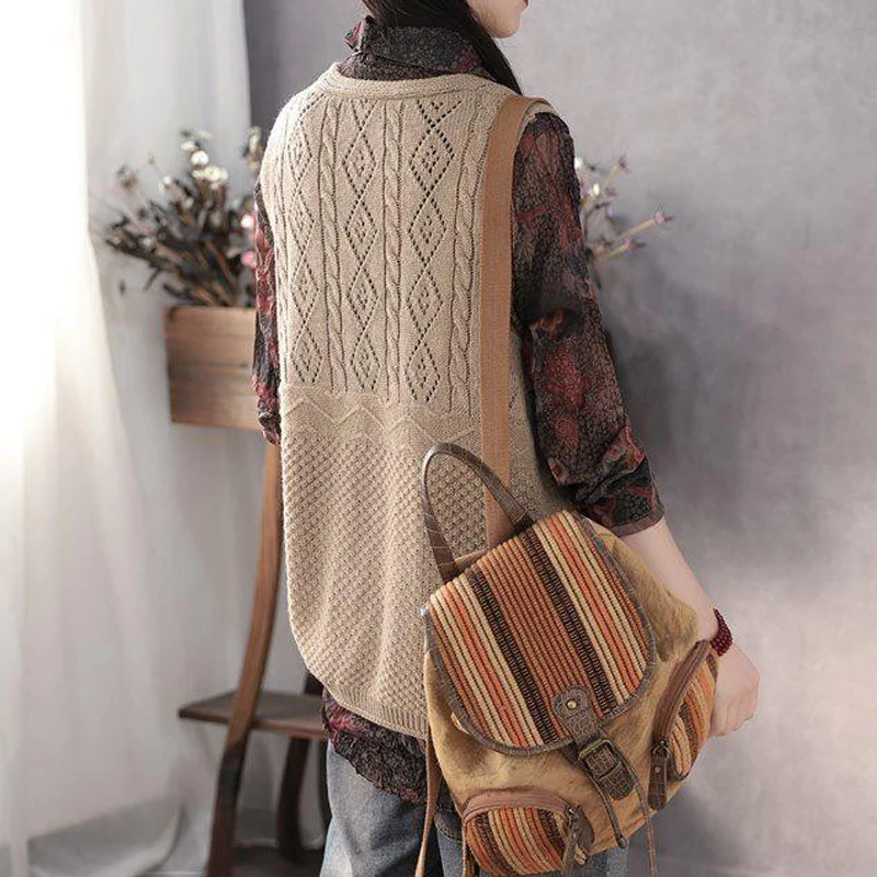 Women Vintage Hollow Pockets Sleeveless Outewear Knitted Sweater Vest Spring Autumn Casual Solid V Neck Loose Pullover Waistcoat